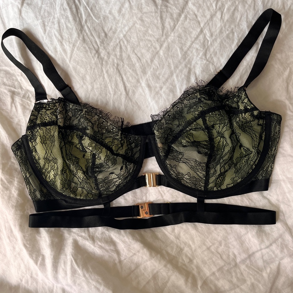 Green and black lace bondage style bra